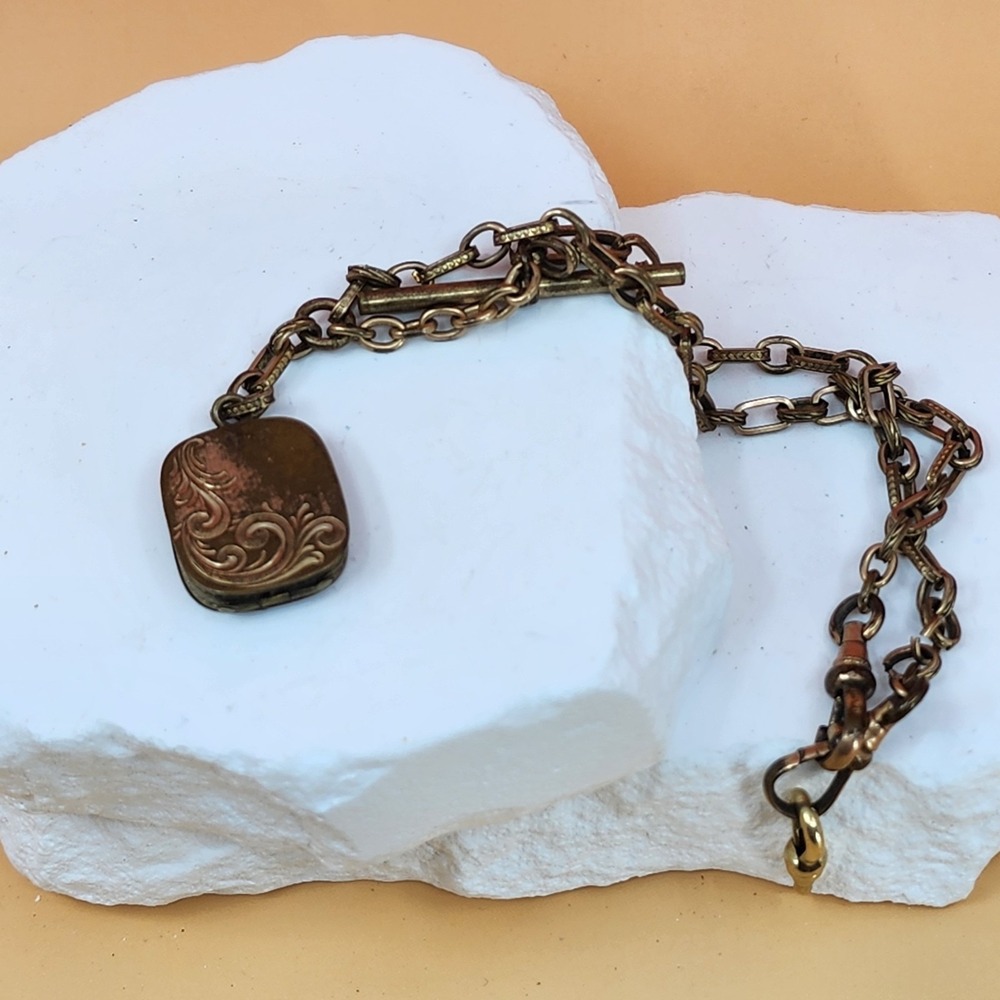 Brass Tone Ornate Scroll Locket Charm Bracelet Mixed Chain Victorian Vintage